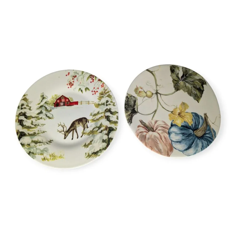 Southern Living Holiday Deer & Harvest Round Earthenware Accent Plates Set Of 2